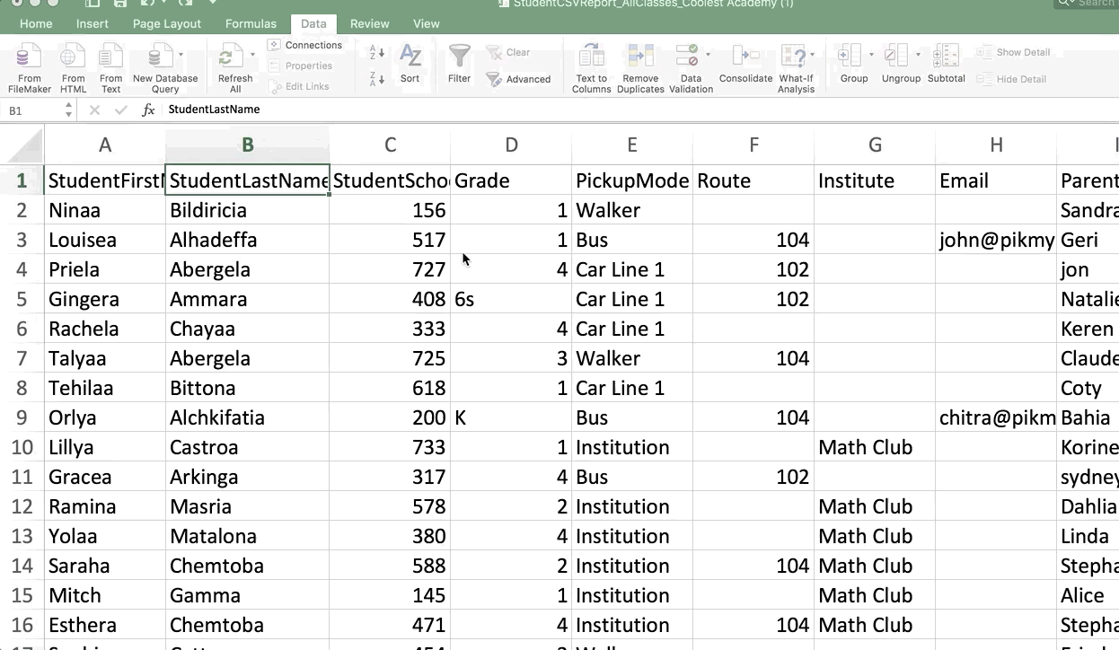 sorting excel sheet by grade and classroom