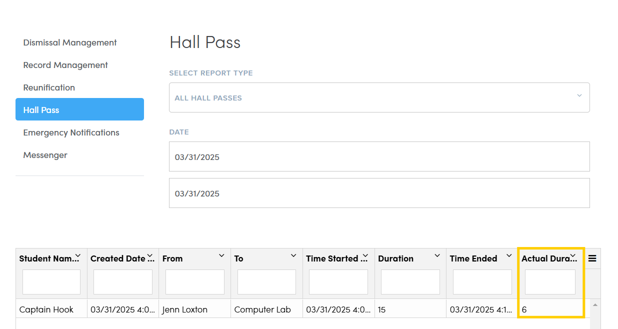 hall pass duration