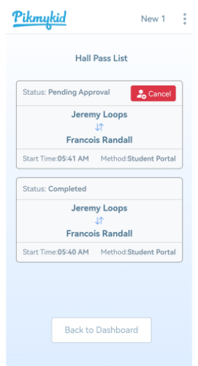hall pass student portal view